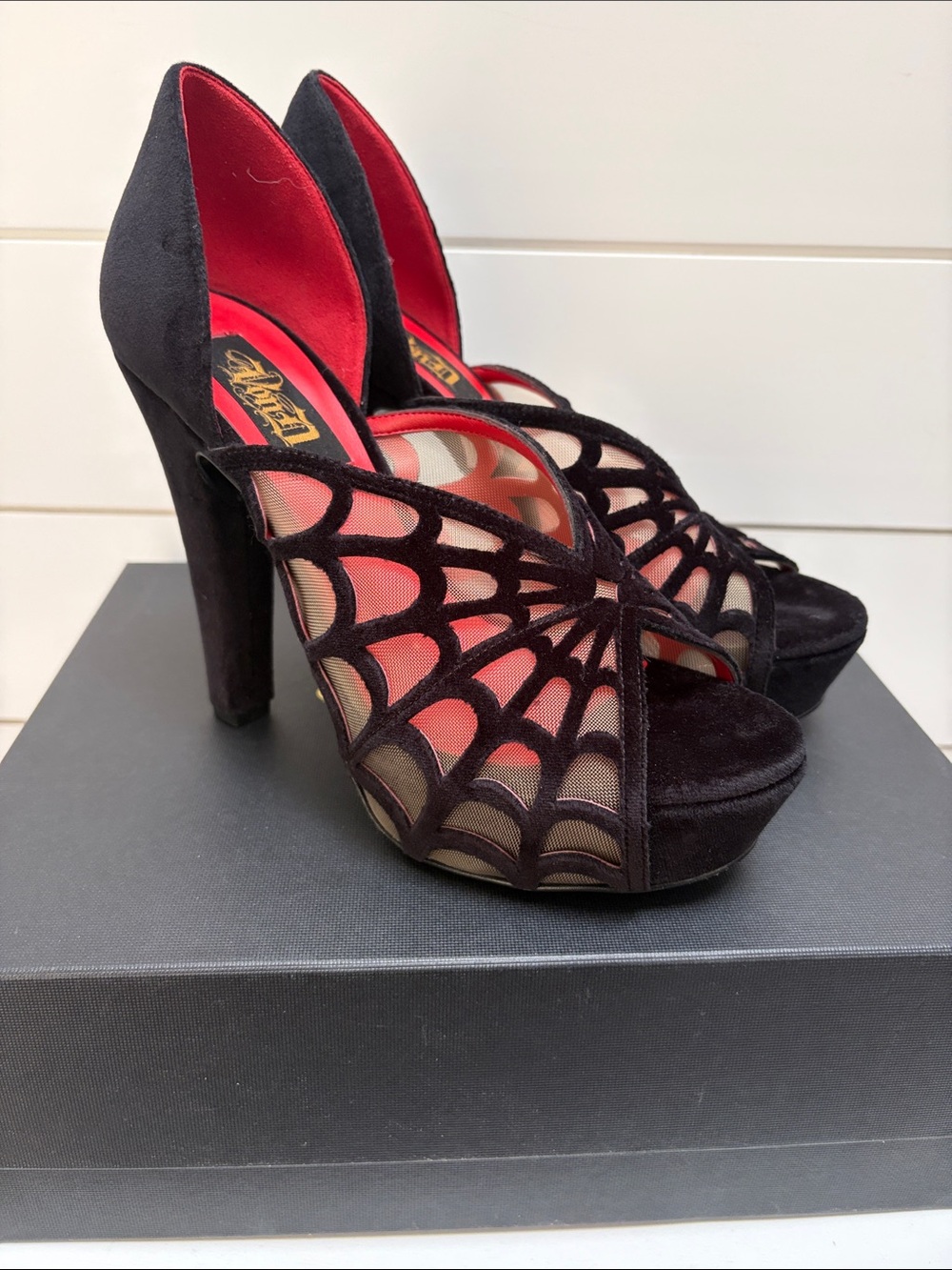 Kat Von D Black Velvet Spiderweb Peep-Toe Platform Heels with Red Lining